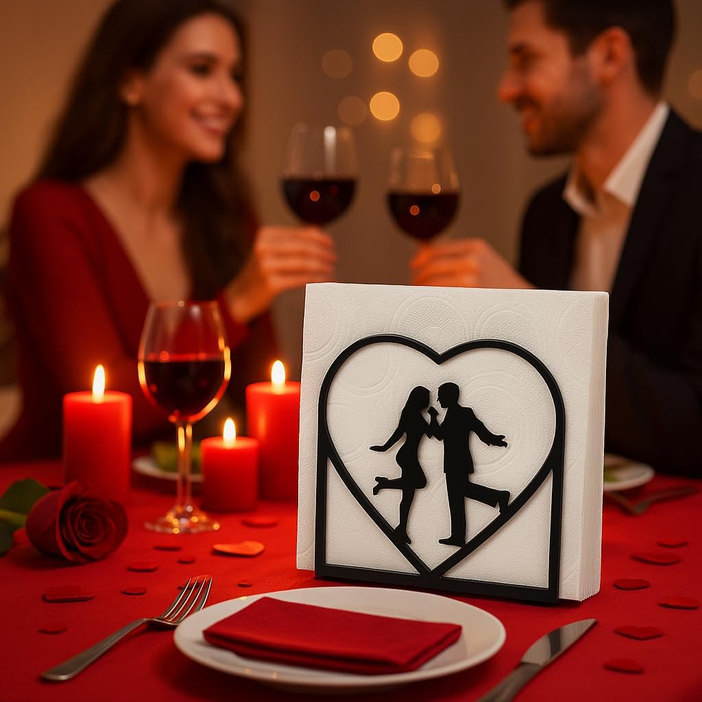 2-Pack Romantic black Napkin Holder for table – Love Theme Metal Napkin Dispenser for Kitchen, Dining Table, Valentine's Day – Fits Everyday & Cocktail Napkins, Coffee Filter Holder for Size #2 & #4