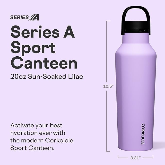 Corkcicle Sport Canteen - Keeps Drinks Cold 25 Hours - Stainless Steel Water Bottle - Triple-Insulated - Spill-Proof - Summer Drinkware Gift - Keeps Drinks Ice Cold - 20 oz - Sun-Soaked Lilac