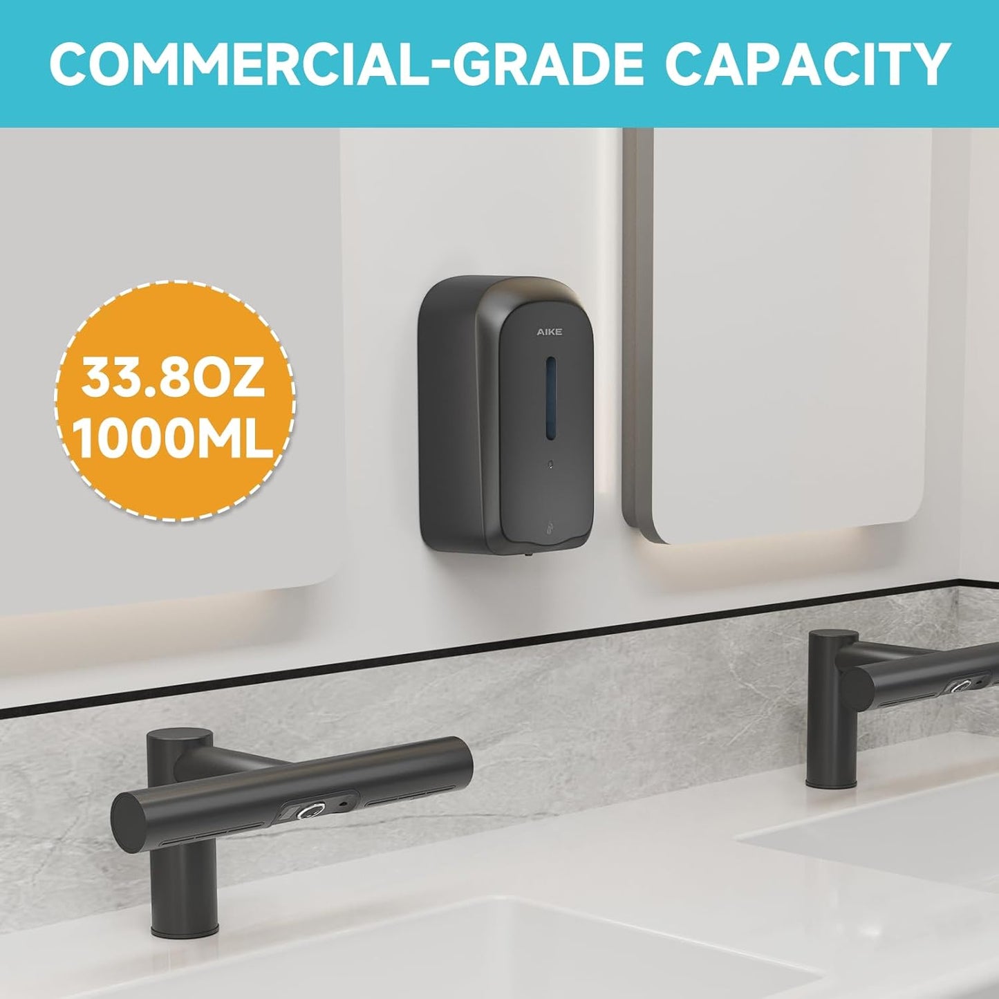 AIKE 33.8oz Automatic Wall Mount Liquid Soap Dispenser with Commercial ABS Construction, Model AK1226S(Black)