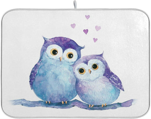Cute Owl Dish Drying Mat for Kitchen Counter Absorbent Microfiber Drying Pad, Medium 16x18 in, Reversible Drainer Mats