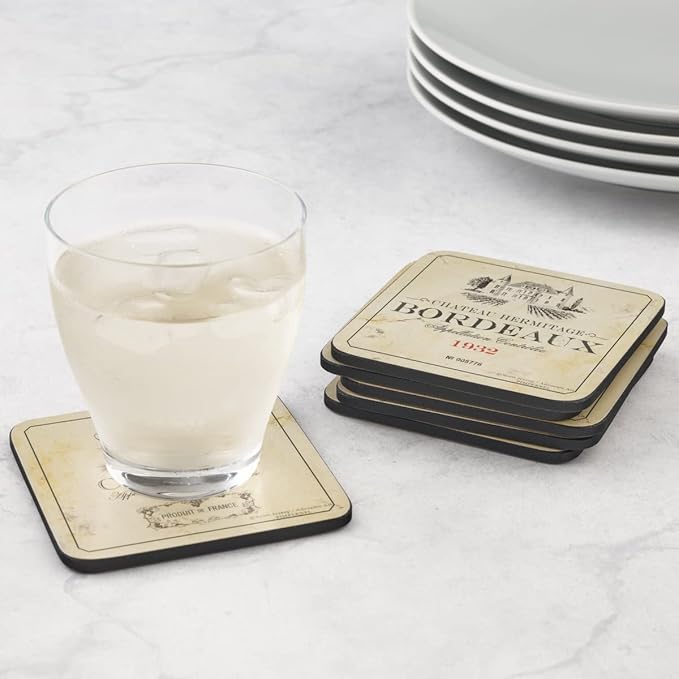 Pimpernel Vin de France Coasters, Set of 6 – 4" Cork-Backed Boards Featuring Classic Wine Label Artwork, Heat & Stain Resistant Lacquered Finish Drink Mats for Dining, Bar & Kitchen Decor