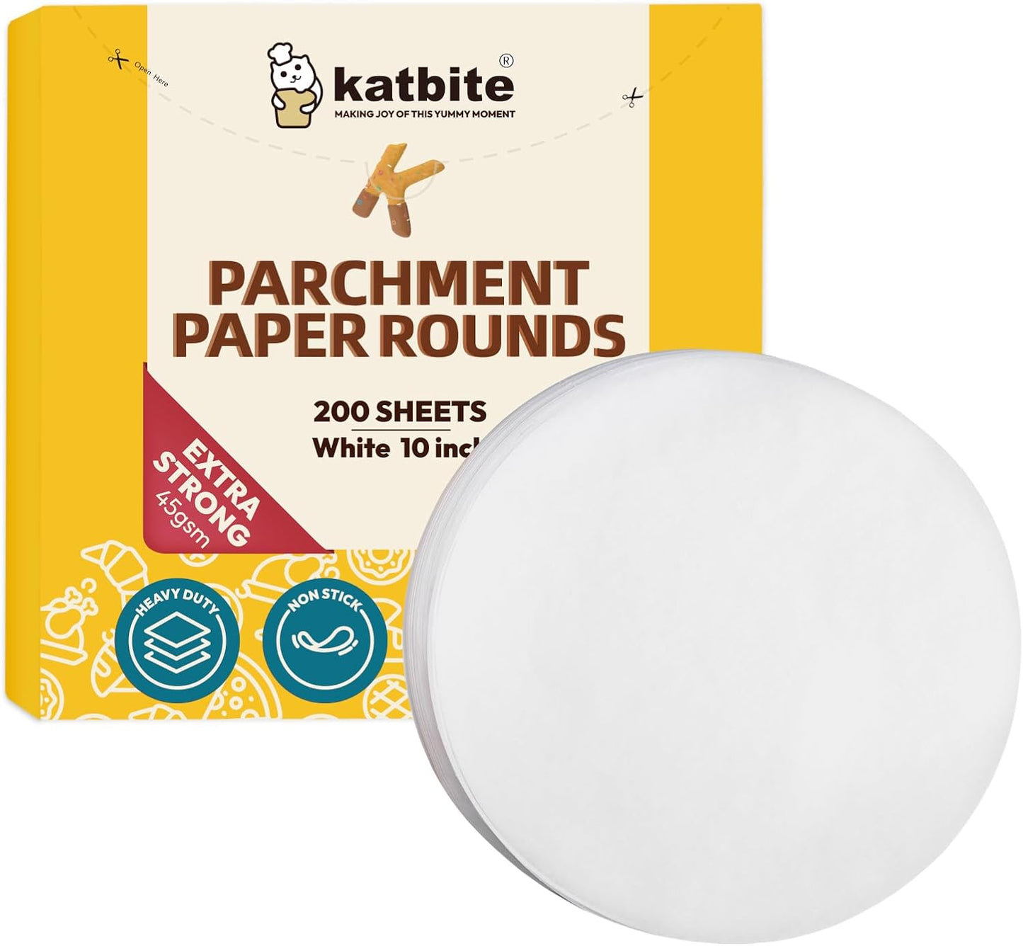 Katbite Heavy Duty Parchment Rounds 10 Inch, 200Pcs Round Parchment Paper Rounds, Use for Cake Baking, Air Fryer Liners, Separating Frozen Patty, Toaster Oven, Tortilla Press