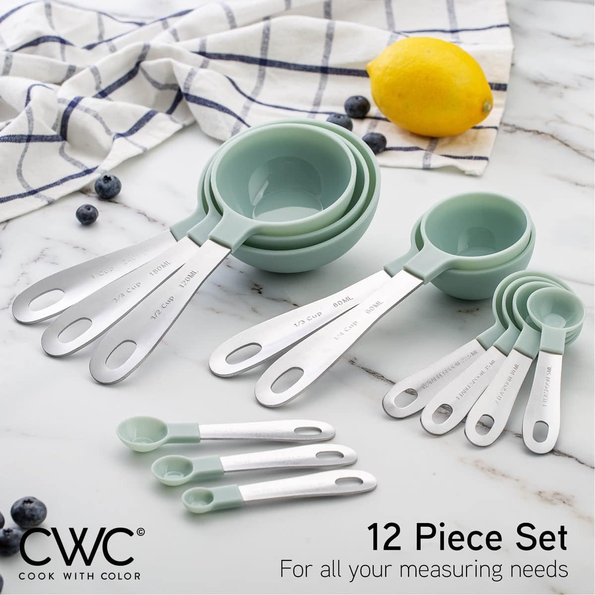 COOK WITH COLOR Measuring Cups Set and Measuring Spoon Set, Stainless Steel Handles, Nesting Kitchen Measuring Set, Liquid Measuring Cup Set, 12 PC Stainless Steel, Mint