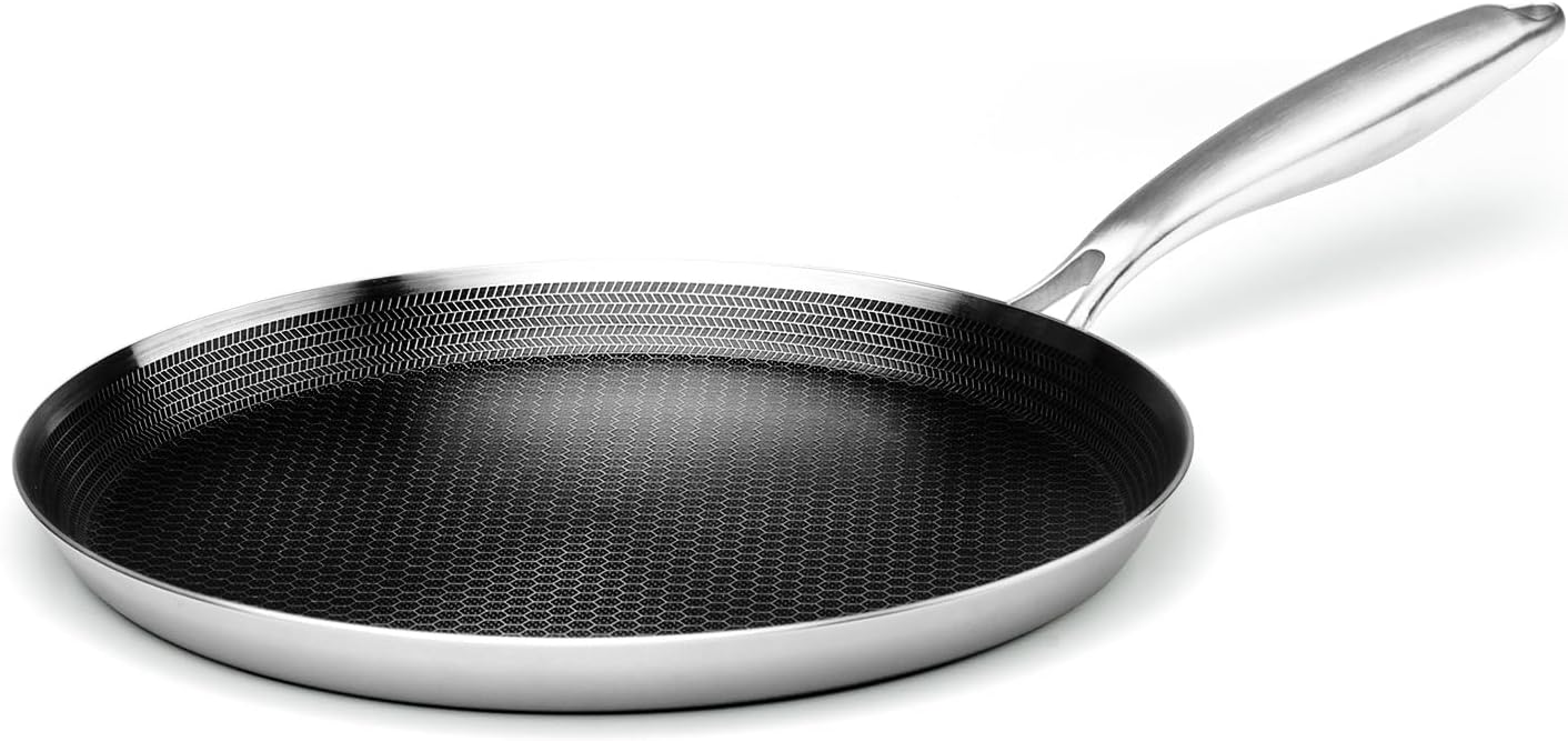 Stainless Steel Crepe Pan - 12 Inch Nonstick Crepe Pan, Stainless Steel Honeycomb Coating Pancake Pan, Non Stick Flat Skillet Tawa Dosa Tortilla Griddle Pan, Induction Compatible, PFOA Free