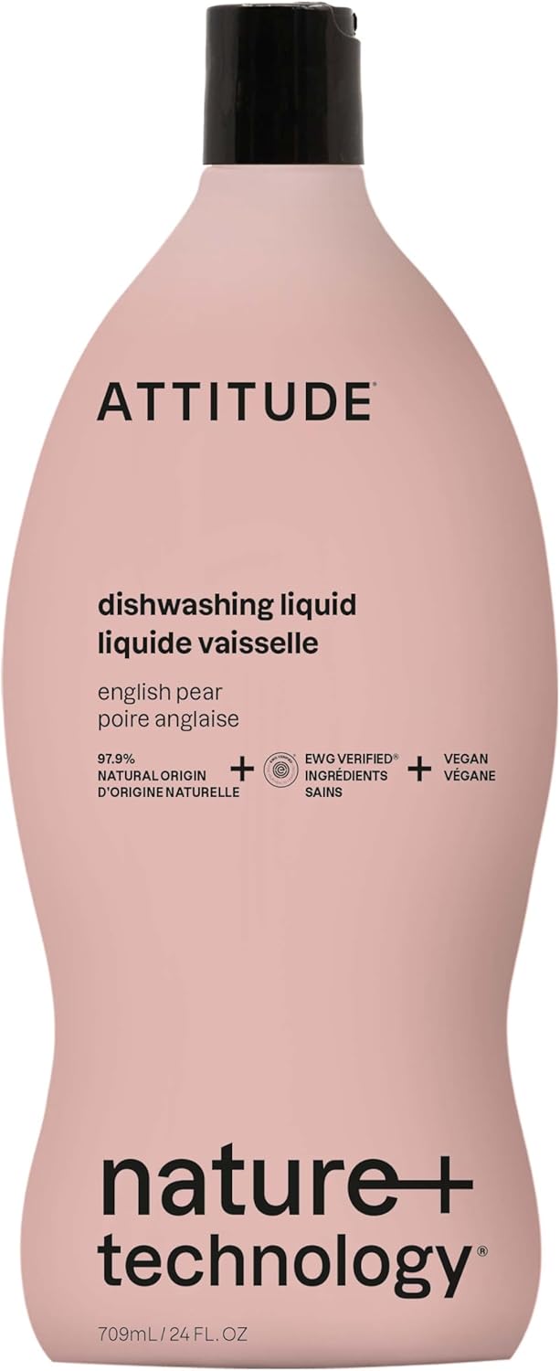 ATTITUDE Dish Soap, EWG Verified, Plant-Based & Vegan Dishwashing Liquid, Naturally Derived, English Pear Scent, 24 Fl Oz