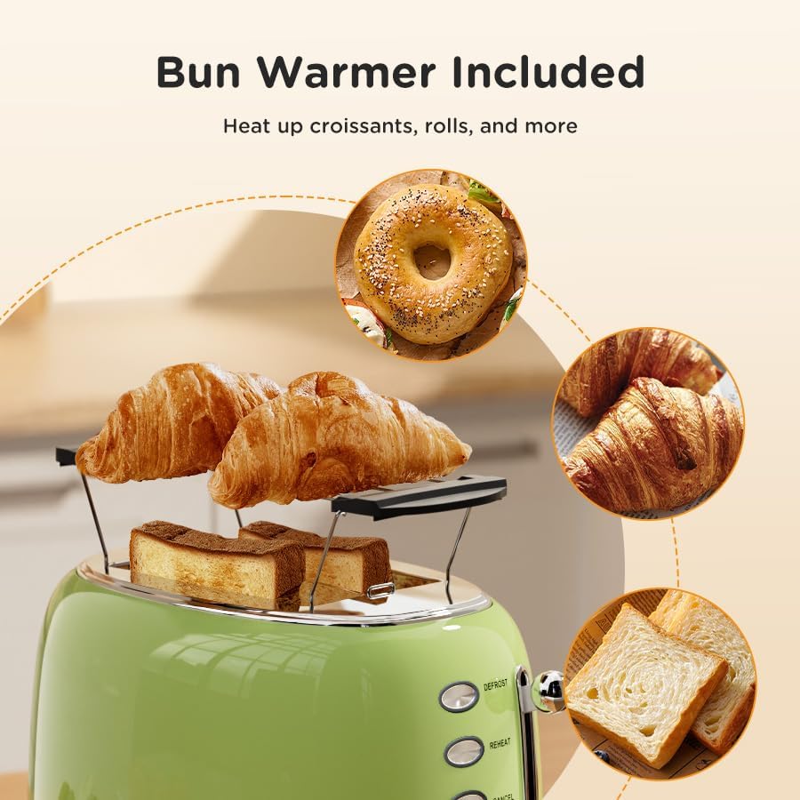Toaster Retro 2 Slice, Vintage Green Toaster with Lid, with Bread Attachment, Preheat, Defrost And Cancel Functions, 6 Browning Levels (Green)