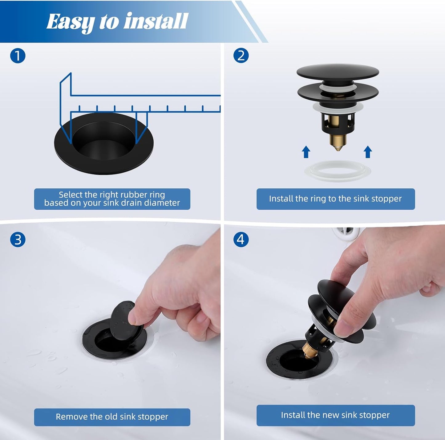 Hibbent All Metal 2 in 1 Bathroom Sink Stopper, Universal Pop Up Drain Strainer, Brass Bullet Core Push Type Sink Stopper for 1.1''~2.3'' Basin, Big Push Button, Anti Clogging Filter, Matte Black