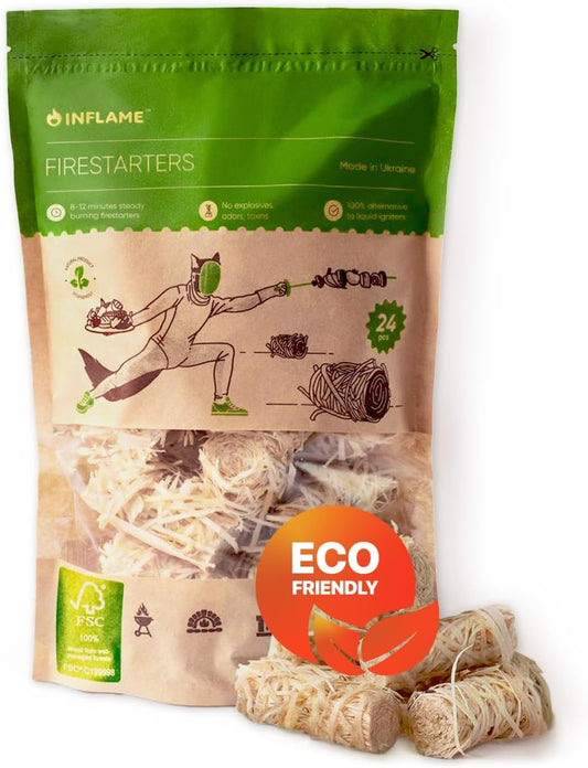 Inflame Fire Starters for Campfires, Grill, BBQ, Fireplace, Woodstove - Charcoal Starter - Waterproof, Weather-Resistant - Natural Wood Fireplace Starters - 24 pcs