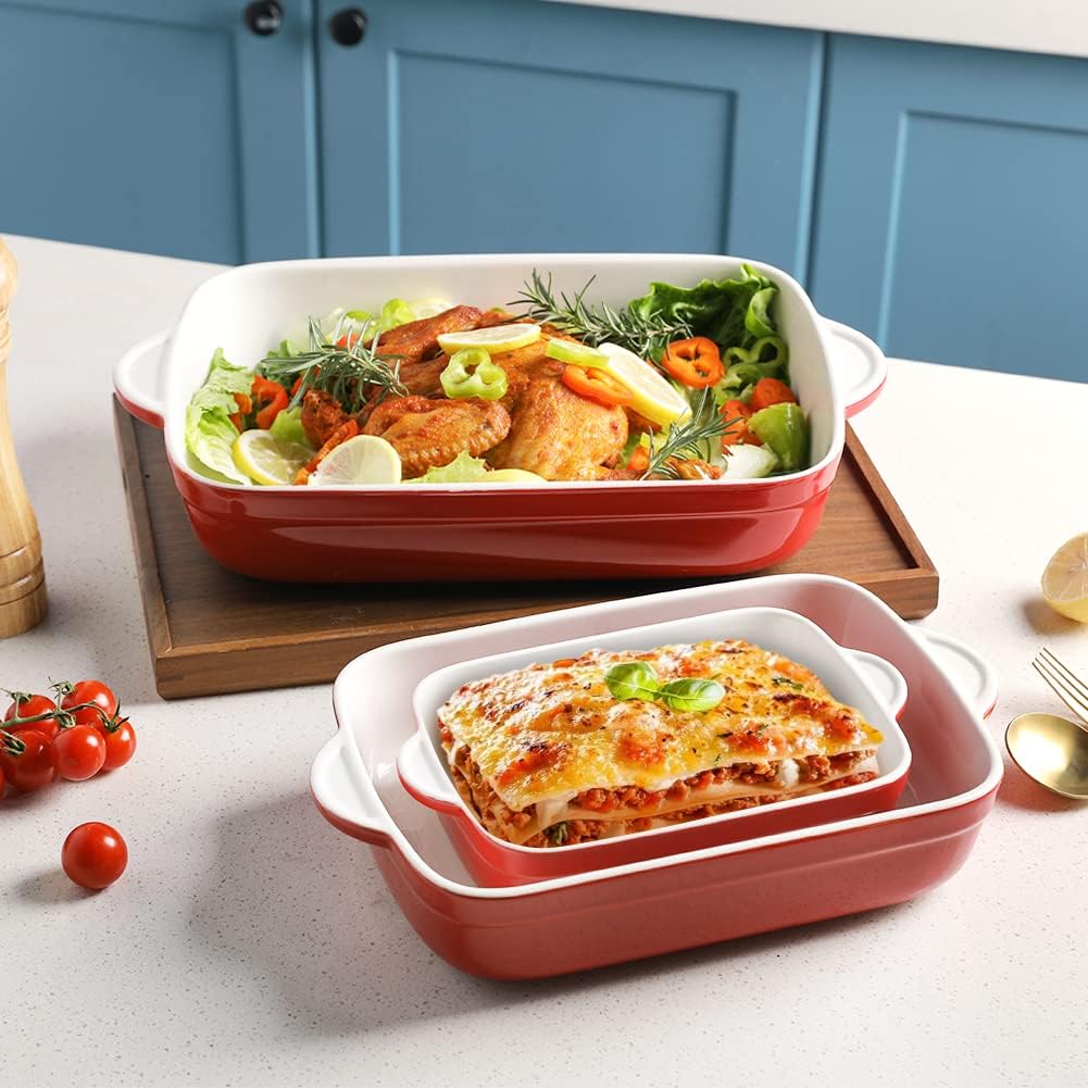 Sweejar Casserole Dishes for Oven, Ceramic Bakeware Set of 3, Lasagna Pan Deep with Handle, Rectangular Baking Pan Set, 9x13 Baking Dish for Cooking, Banquet and Daily Use (Red)