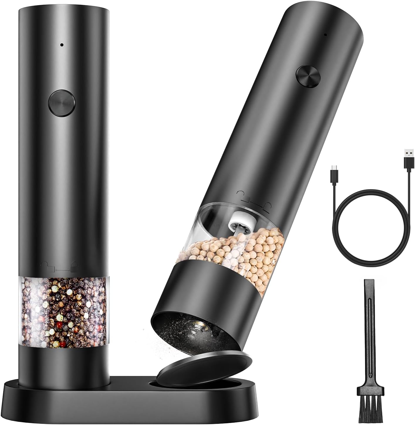 Electric Salt and Pepper Grinder Set, Mini Rechargeable Automatic Salt Pepper Shakers Mills, Adjustable Coarseness Easy Filling with Base&Cover, for Kitchen Outdoors Gift- 2 Packs, Black