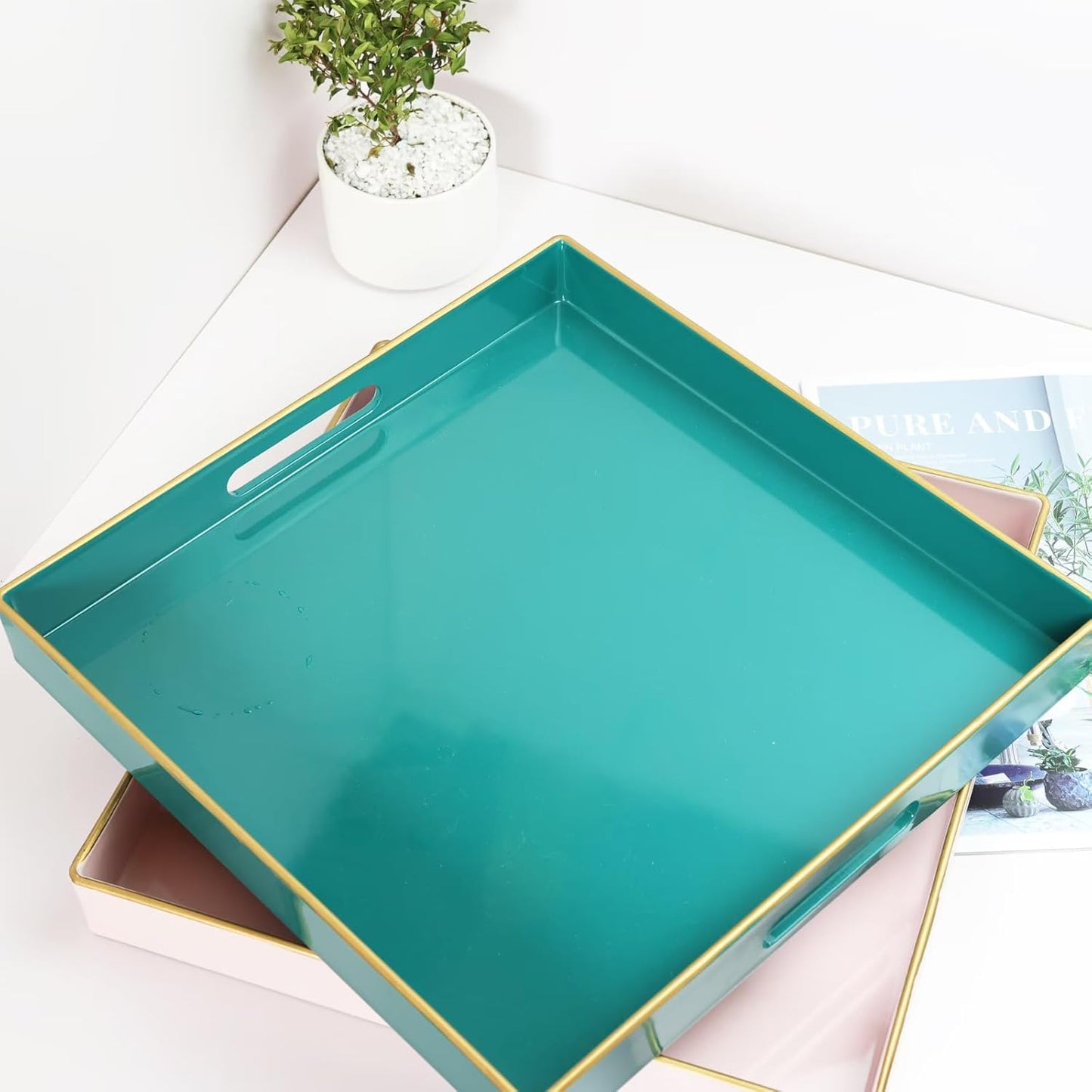 Spsyrine Green Decorative Serving Tray with Handles, 13" X 13" Square Plastic Coffee Table Tray for Ottoman, Living Room, Bathroom, Home Decor.