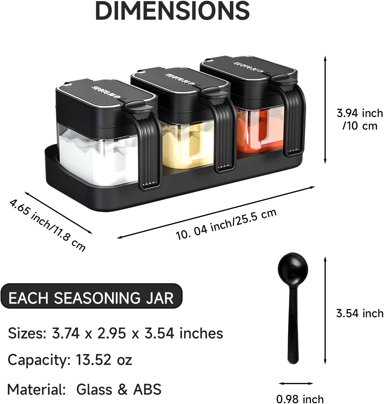 Mlici Seasoning Containers with Lid and Spoon, Set of 3 Glass Salt and Sugar Container, 13.52 Ounce Wall Mounted Condiment Jar Spice Box Set with Base for Hone Kitchen Countertop