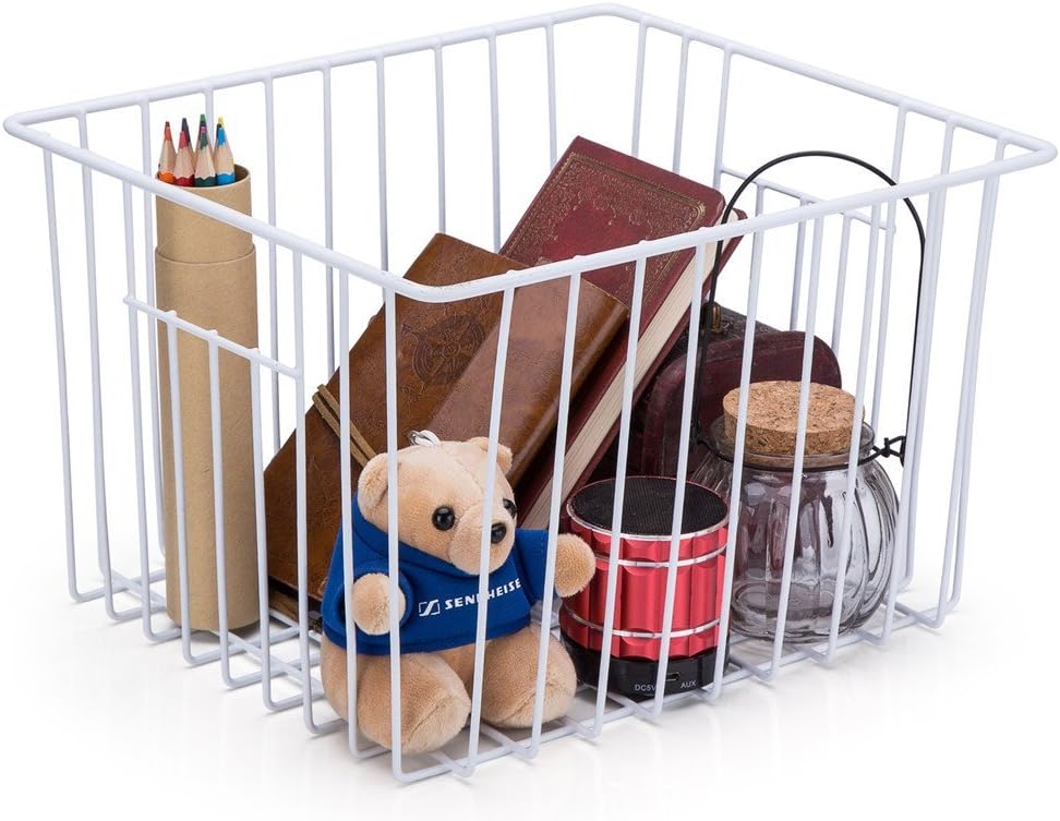 Slideep Freezer Baskets Storage Basket Organizers, Deep Wire Farmhouse Bins Container with Handles for Kitchen, Pantry, Cabinet, Car, Bathroom Pearl White, 4 Pack