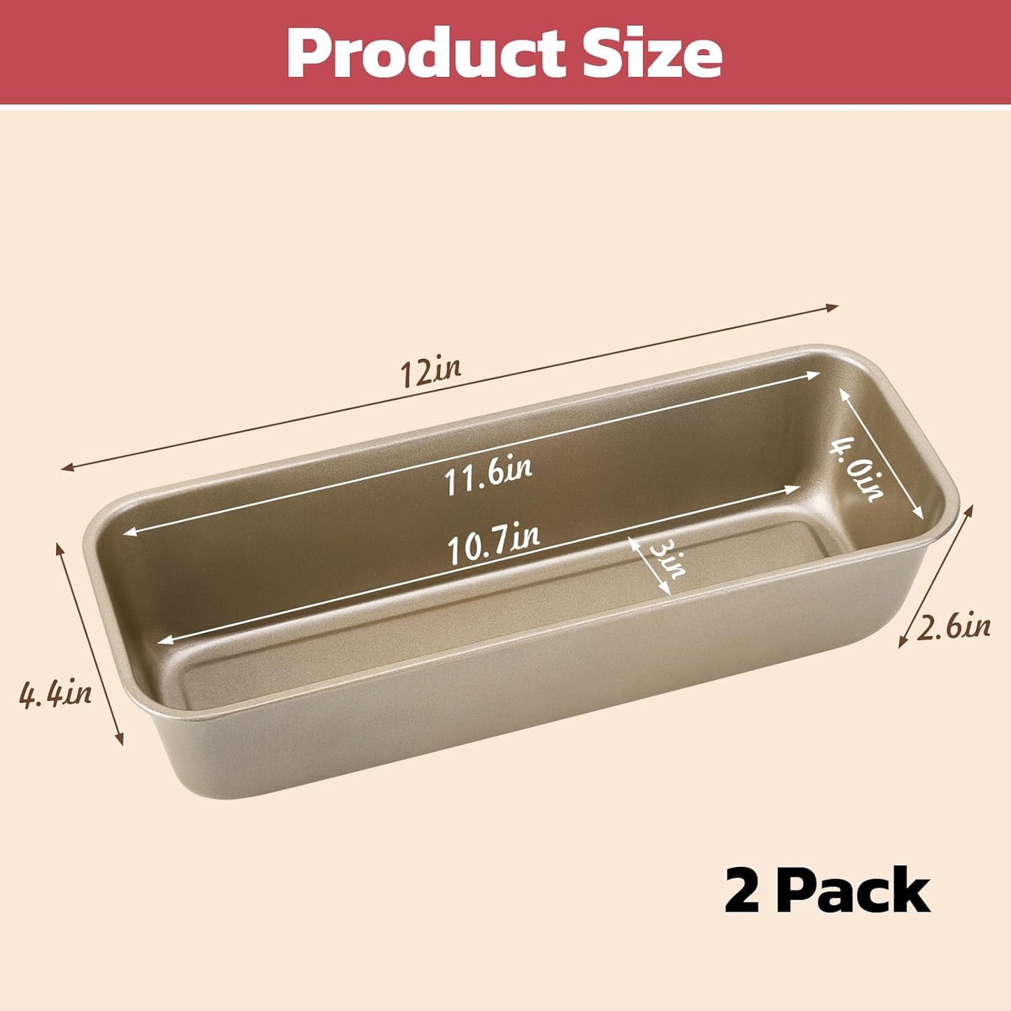 Beasea Long Loaf Pan, 12x4 Inch Rectangle Bread Loaf Pan Set of 2, Nonstick Bread Pans Carbon Steel Toast Pan Golden Cake Pan Loaf Baking Pans Bakeware for Oven Baking
