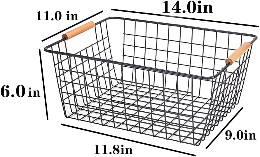 LeleCAT Large black wire baskets with Wooden Handles for storage pantry, Storage Organizer Baskets, Household Refrigerator for Cabinets, Closets, Bedrooms, kitchen - Set of 2（Black）