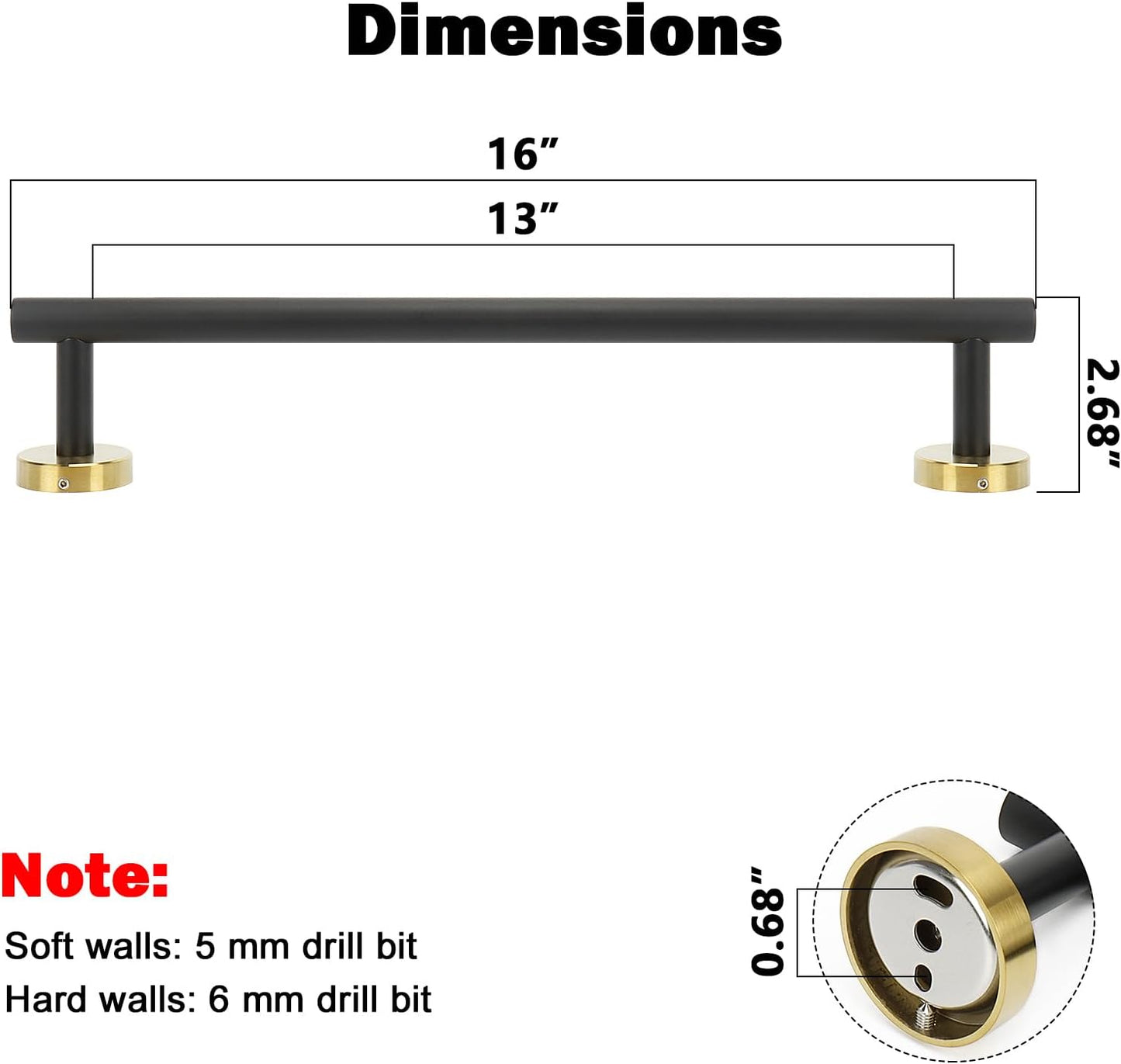 NearMoon Bath Towel Bar, Bath Accessories Thicken Stainless Steel Shower Towel Rack for Bathroom, Towel Holder Wall Mounted (1 Pack, Matte Black & Gold, 16 Inch)