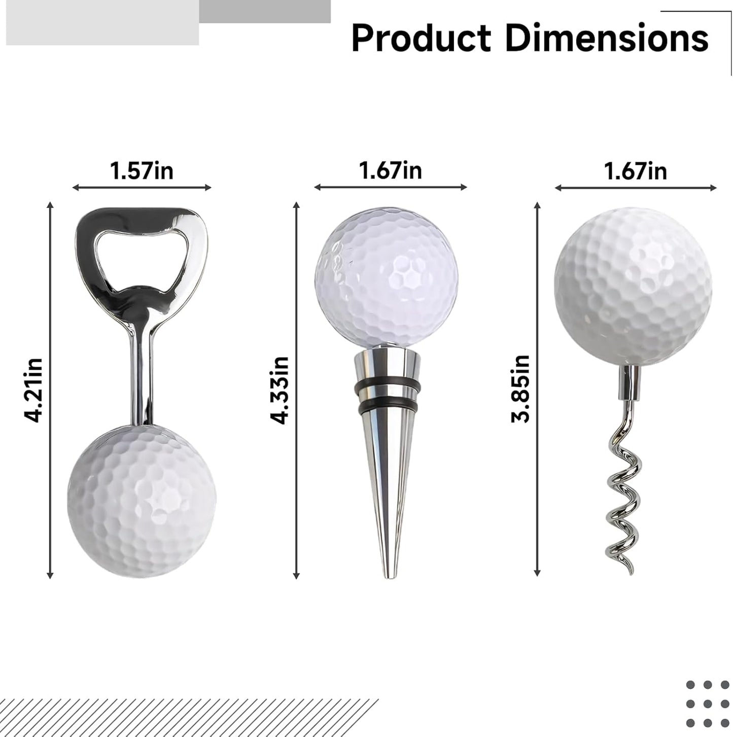 Golf Ball Wine Bottle Opener and Stopper Set (3 PCS), Zinc Alloy Wine Accessories with Stylish Golf Ball Design (1 Wine Bottle Opener and 2 Stoppers), Gift for Golf Enthusiasts