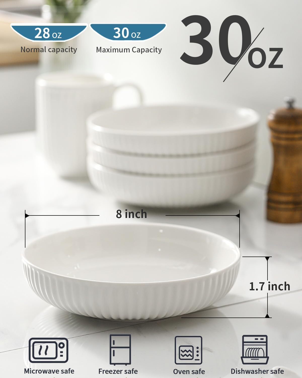 Hasense 8 Inch Pasta Bowls, 30 oz Ceramic Dinner Bowls Set of 4, Bowl Plates for Kitchen, Salad, Large Serving Bowl for Wedding & Housewarming Gift, Modern Bowls Microwave & Dishwasher Safe, White