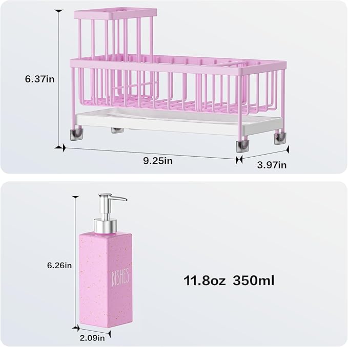 Cisily Dish Soap Dispenser, 12 fl oz Kitchen Soap Dispensers with Sponge Holder, Gold and Silver Pump Pink Glass Kitchen Soap Dispenser Set, Hand and Dish Soap Bottle Set, Pink Decor Accessories