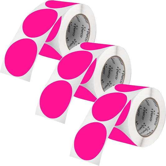 Perco Fluorescent Pink 3-Inch Round Circle Dot Sticker Labels - Multi-Roll Pack (3 Rolls, 500 Labels Each) - Permanent Adhesive, Vibrant Colors, Strong Hold - Perforated for Easy Use - Made in USA