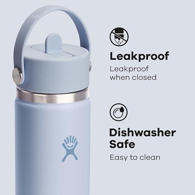 Hydro Flask Water Bottle - Insulated Stainless Steel - Wide Mouth Flex Straw Lid, Non Spill, Leakproof and Refillable in 24 Oz Surf Blue