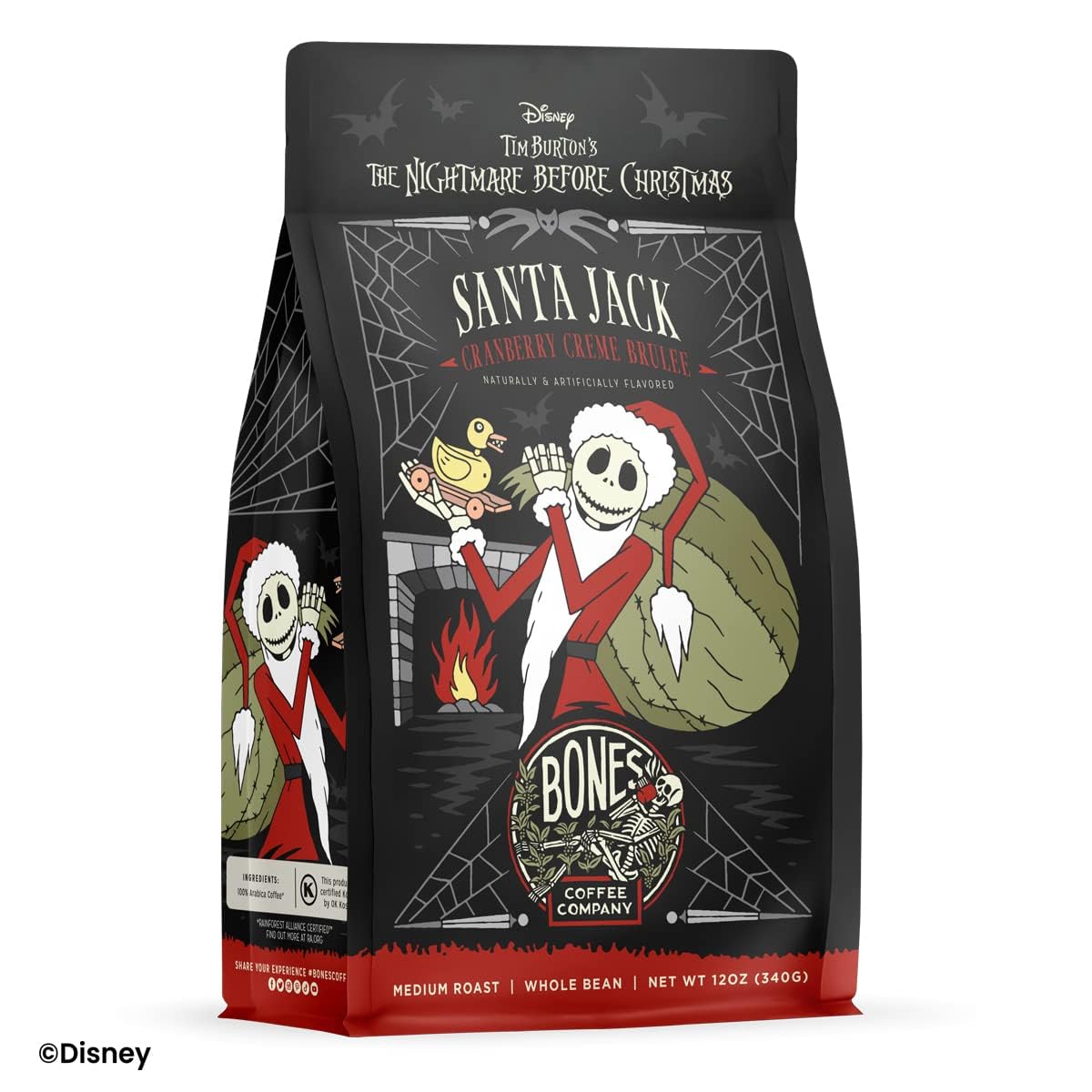 Bones Coffee Company The Nightmare Before Christmas Santa Jack Flavored Coffee Beans, Medium Roast Ground Coffee Low Acid, Cranberry Creme Brulee Flavor (12 oz)