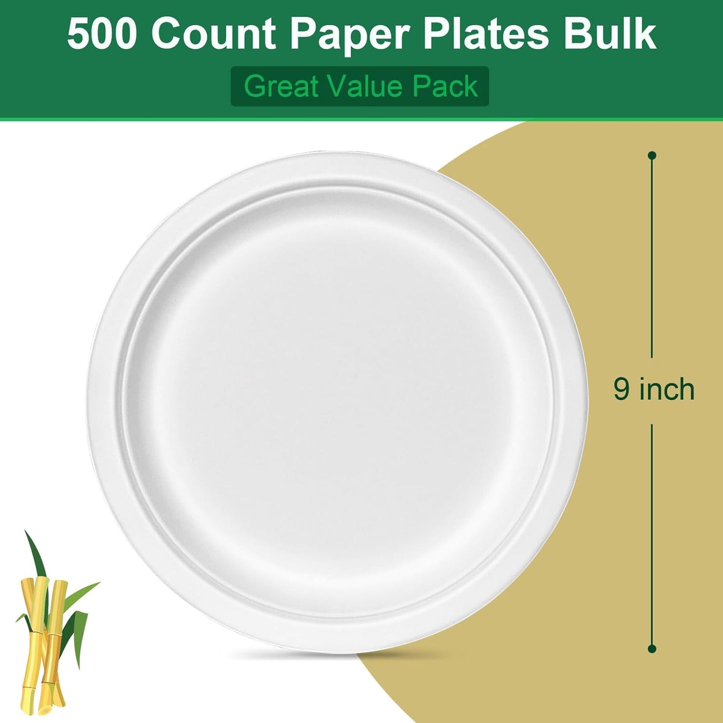 9 inch Paper Plates Bulk 500 Pack, 100% Compostable Plates Heavy Duty Sturdy, White Paper Plates Disposable Recycled Eco Friendly Biodegradable Sugarcane Plates