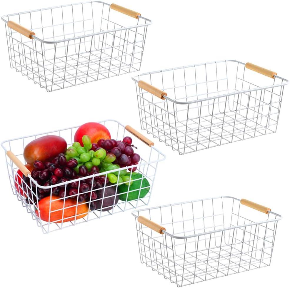 LeleCAT White Wire Baskets with Handles Wire Storage Organizer Baskets For Kitchen, Household Refrigerator for Cabinets, Pantry, Closets, Bedrooms - Set of 4(White)