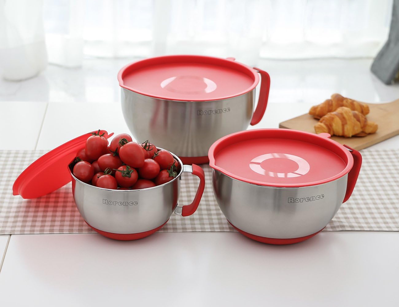 Rorence Mixing Bowls with Lids Set: Stainless Steel Mixing Bowls with Handles, Non-Slip Bottom & Pour Spout - Red, 3 quarts