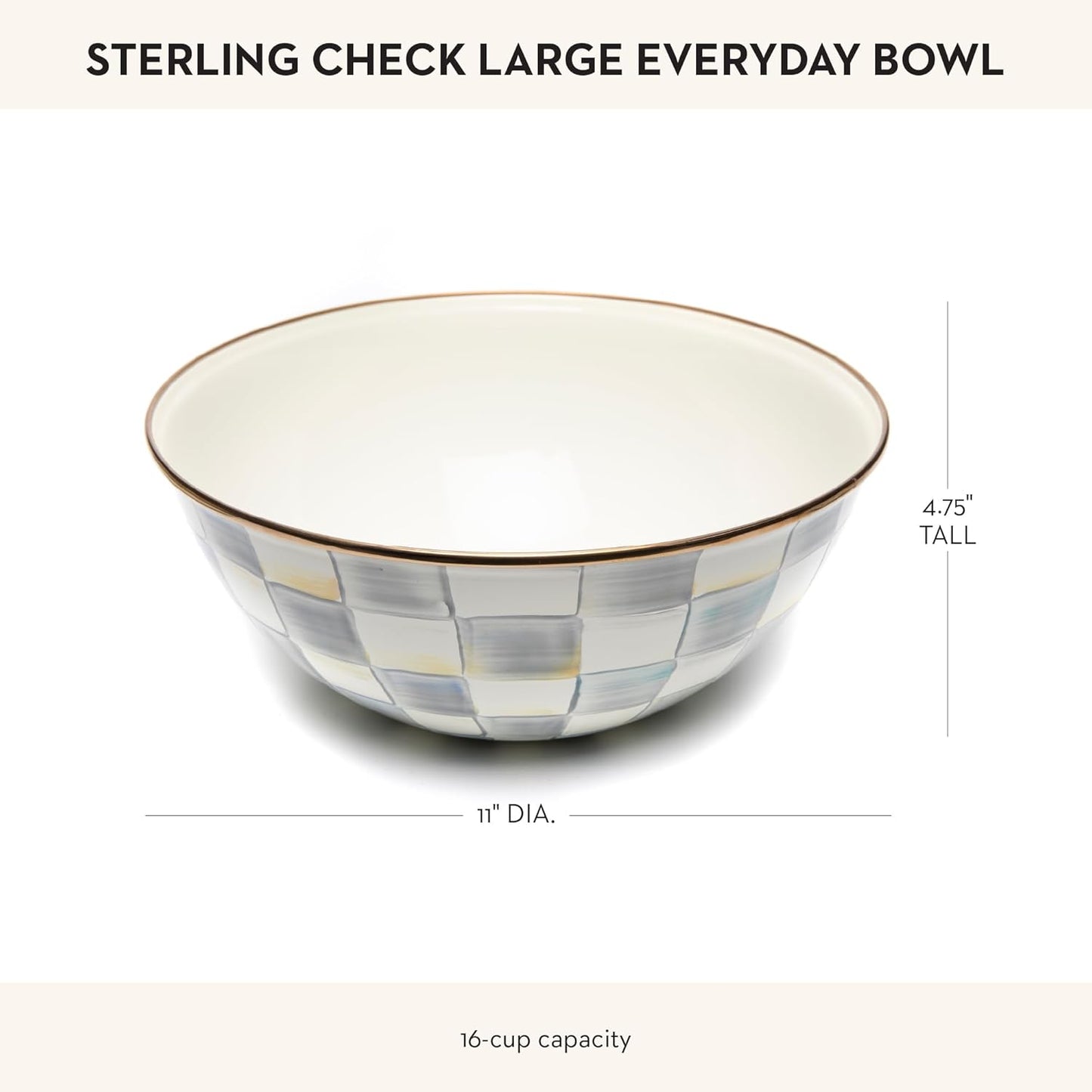 MACKENZIE-CHILDS Enamel Everyday Bowl, Serving Bowl for Entertaining, Large, Gray-and-White Sterling Check, Set of 1