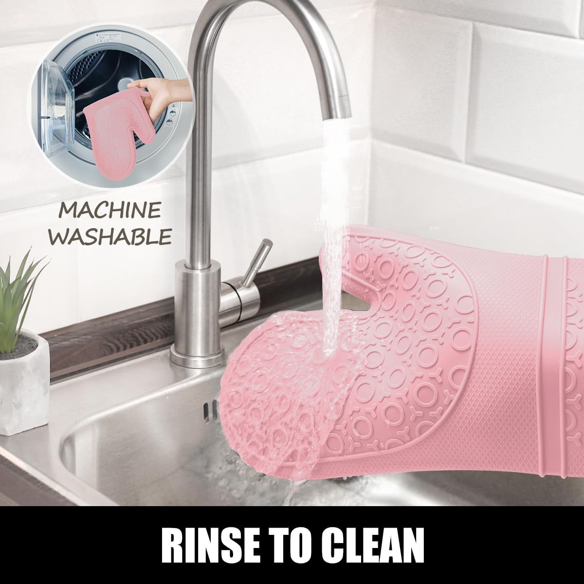 Rorecay 6pcs Oven Mitts and Pot Holders Sets for Kitchen, Extra Long Non-Slip Silicone Oven Gloves Heat Resistant 500 Degrees Potholders Hot Pads for Baking Cooking, Quilted Liner, Pink