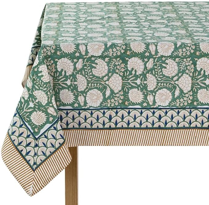 Ridhi Turquoise Moss Green Hand Block Print Cotton Rectangle Tablecloth 118 x 70 inches Reusable Table Cover Decorative Everyday Use for Dining Room, Farmhouse, Home, Party, Festive & Wedding, Fall