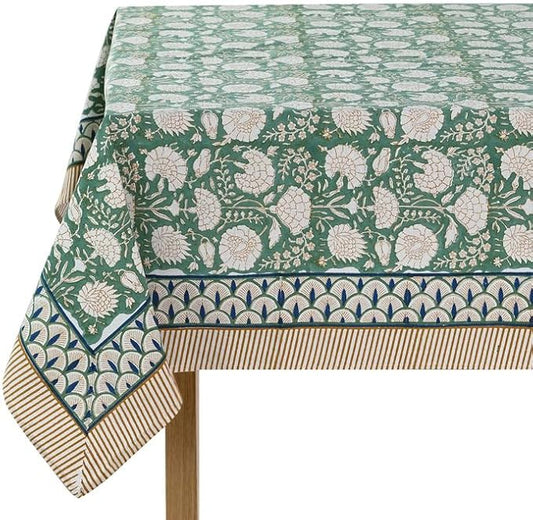 Ridhi Turquoise Moss Green Hand Block Print Cotton Rectangle Tablecloth 108 X 60 inches Reusable Table Cover Decorative Everyday Use for Dining Room, Farmhouse, Home, Party, Festive & Wedding, Fall