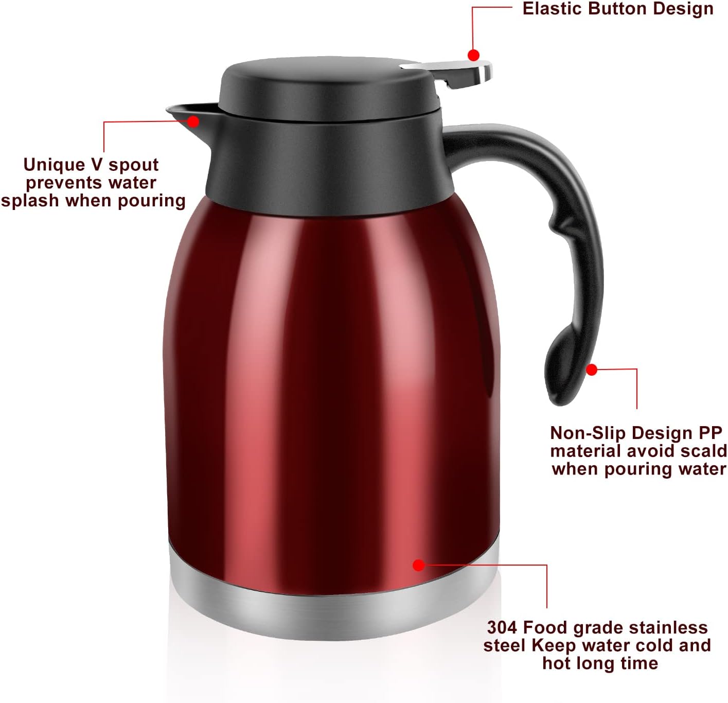 54oz Thermal Coffee Carafe, Stainless Steel Insulated Thermal, Double Wall Vacuum Flask, Small Coffee Carafe for Keeping Hot or Cold Drinks, Coffee, Tea (Bright Red)