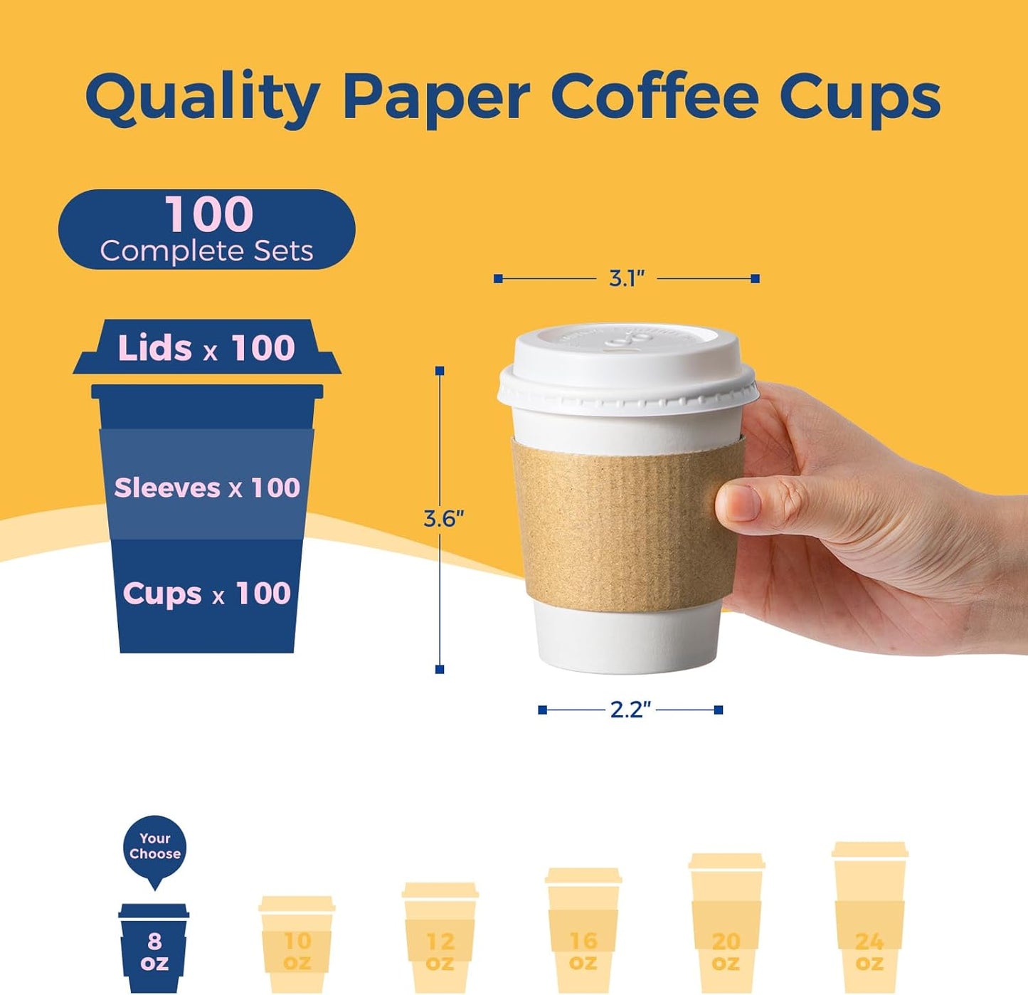 Fit Meal Prep 100 Pack 8 oz Disposable Coffee Cups with Lids, Sleeves, Leak-Proof To Go Coffee Cups with Lids, Durable Hot Paper Cups for Home, Office, Party, Business