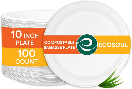 ECO SOUL Pearl White 10 Inch [100-Pack] Paper Plates | 100% Compostable Disposable Bagasse I Heavy-Duty Eco-Friendly Dinner Plates I Biodegradable Sugarcane Eco Plates | Microwavable