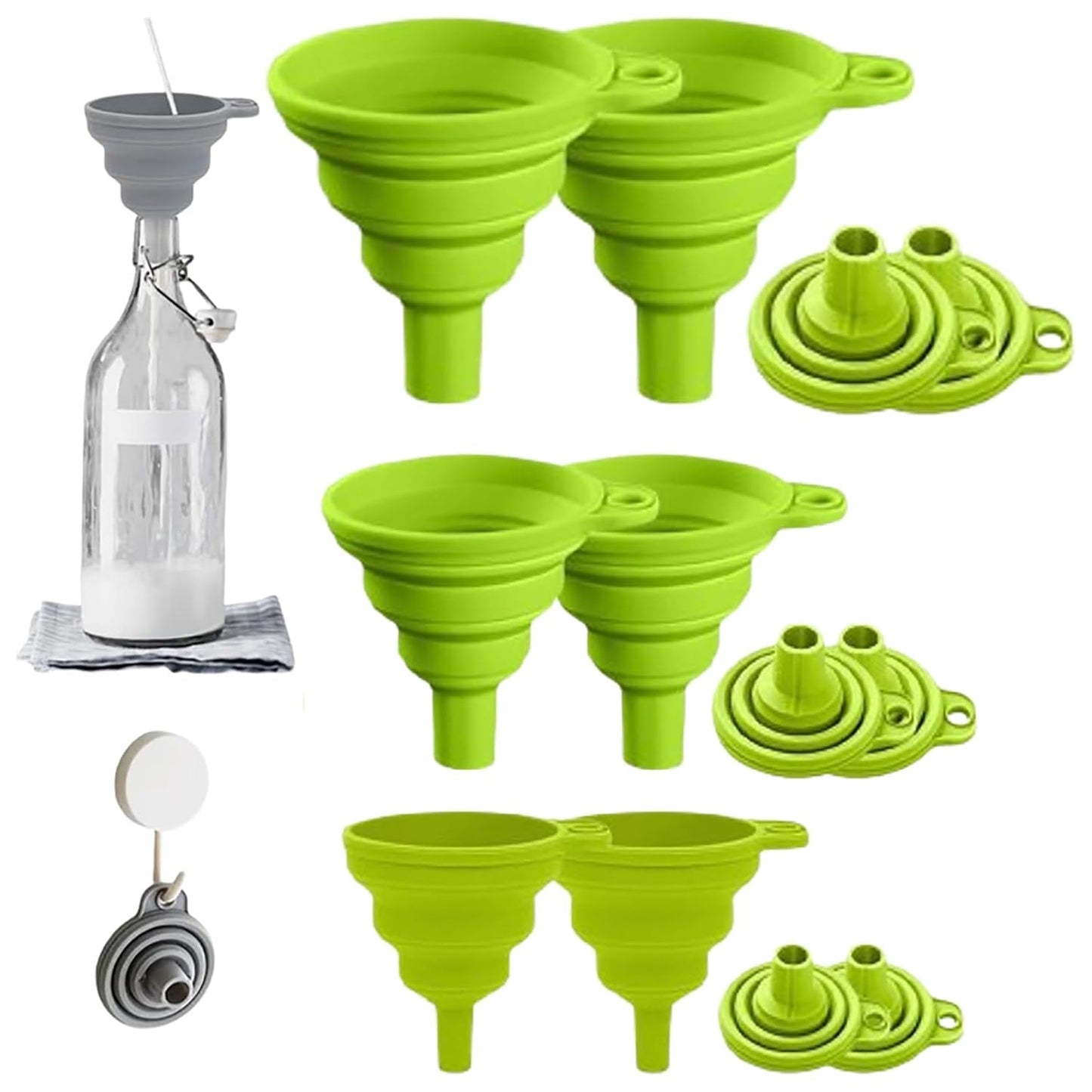Kitchen Funnel Set, 2025 Upgrade Silicone Collapsible Funnel Silicone Collapsible Food Funnels for Kitchen 3 Sizes Funnels for Home Use Filling Bottles Daily Cooking (Green, 2Set 11+14+20g)