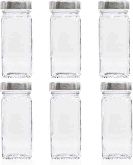 6pcs Spice Jars, 4 oz Glass Seasoning Bottles, Spices Container, Empty Spice Jars, Square Spice Bottles with Airtight Stainless Steel Caps with Shaker Lid