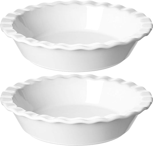 LE TAUCI Ceramic Pie Pans Plate for Baking, 9 inch Deep Dish Baking Dish, 52 ounce Bakeware for Apple Pecan Pie, Set of 2, White