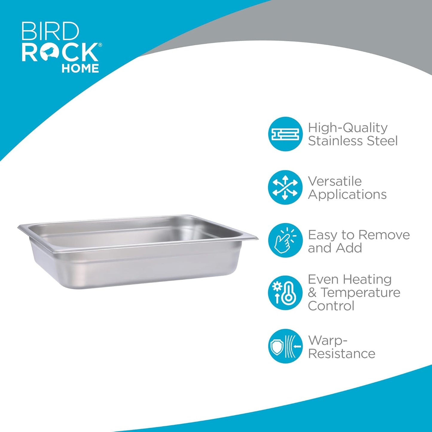 BIRDROCK HOME Stainless Steel Steam Table Pan - Hotel, Restaurant & Catering Supplies - 24 Gauge Steel, 4.5 qt Capacity - Meal Prep, Cooking, & Food Storage Container - 2.5" Depth, 1/2-Size (6 Pack)