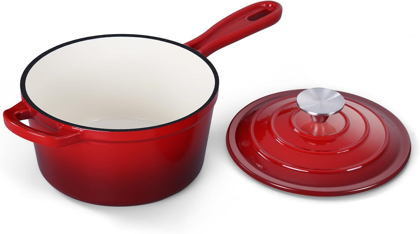 Enameled Cast Iron Sauce Pan, Onader 1QT Small Saucepan with Lid, Cast Iron Sauce Pot Enamel Dutch Oven, Nonstick & Heavy Duty – Red