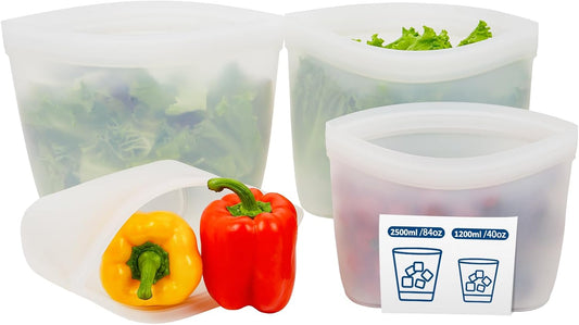 Silicone Bags for Food Storage, Reusable Food Storage Containers Zip Lock Silicone Bags Stand Up Snack Bags, Freezer Microwave Oven Dishwasher Safe,Plastice BPA-Free 4 Pack 2 Size(84oz & 40oz)