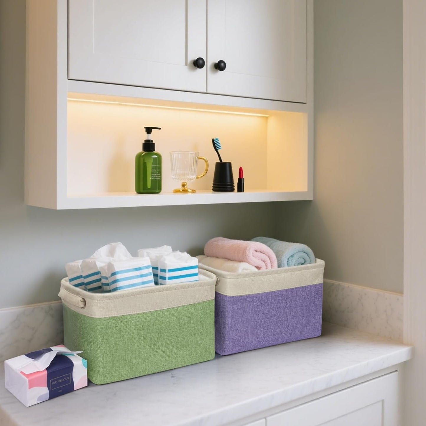 BALEINE 3 Pack Fabric Storage Bins for Shelves, Linen Storage Baskets for Organizing, Decorative Closet Bins for Clothes, Home (Navy Blue, 12"x8"x8")