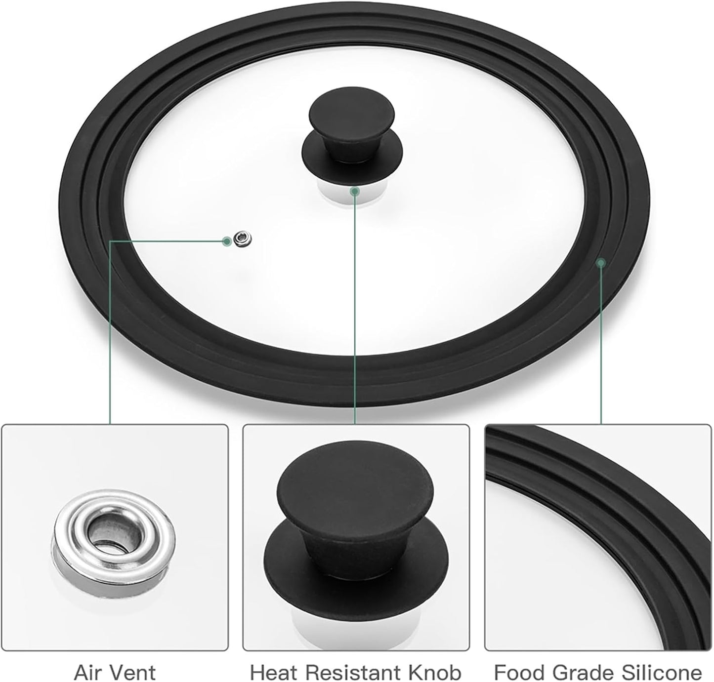 Universal Lid, Tempered Pan Lid with Heat Resistant Silicone Rim, Fits All 6" to 12" Diameter Cookware, Pots, Pans and Skillets (2PK)