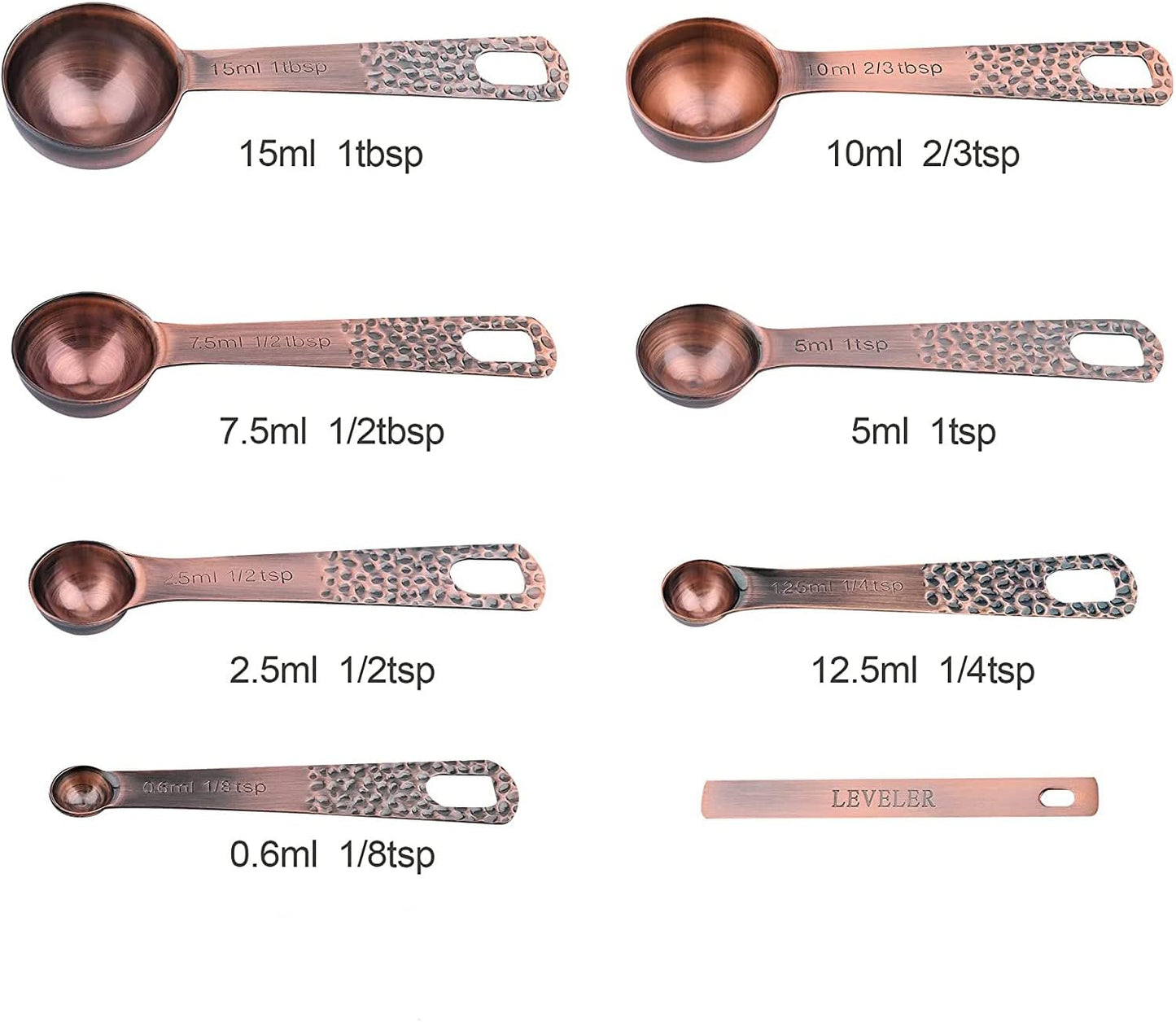 Copper Measuring Cups and Spoons - 6 Plated Cups, 7 Metal Spoons, 1 Leveler - Dry Measure Set