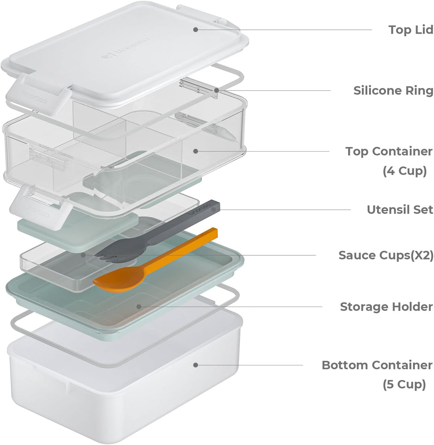 linoroso Stackable Bento Box Adult Lunch Box | Meet All You On-the-Go Needs for Food, Salad and Snack Box, Premium Bento Lunch Box for Adults Include Utensil Set, Dressing Containers - Chalk White