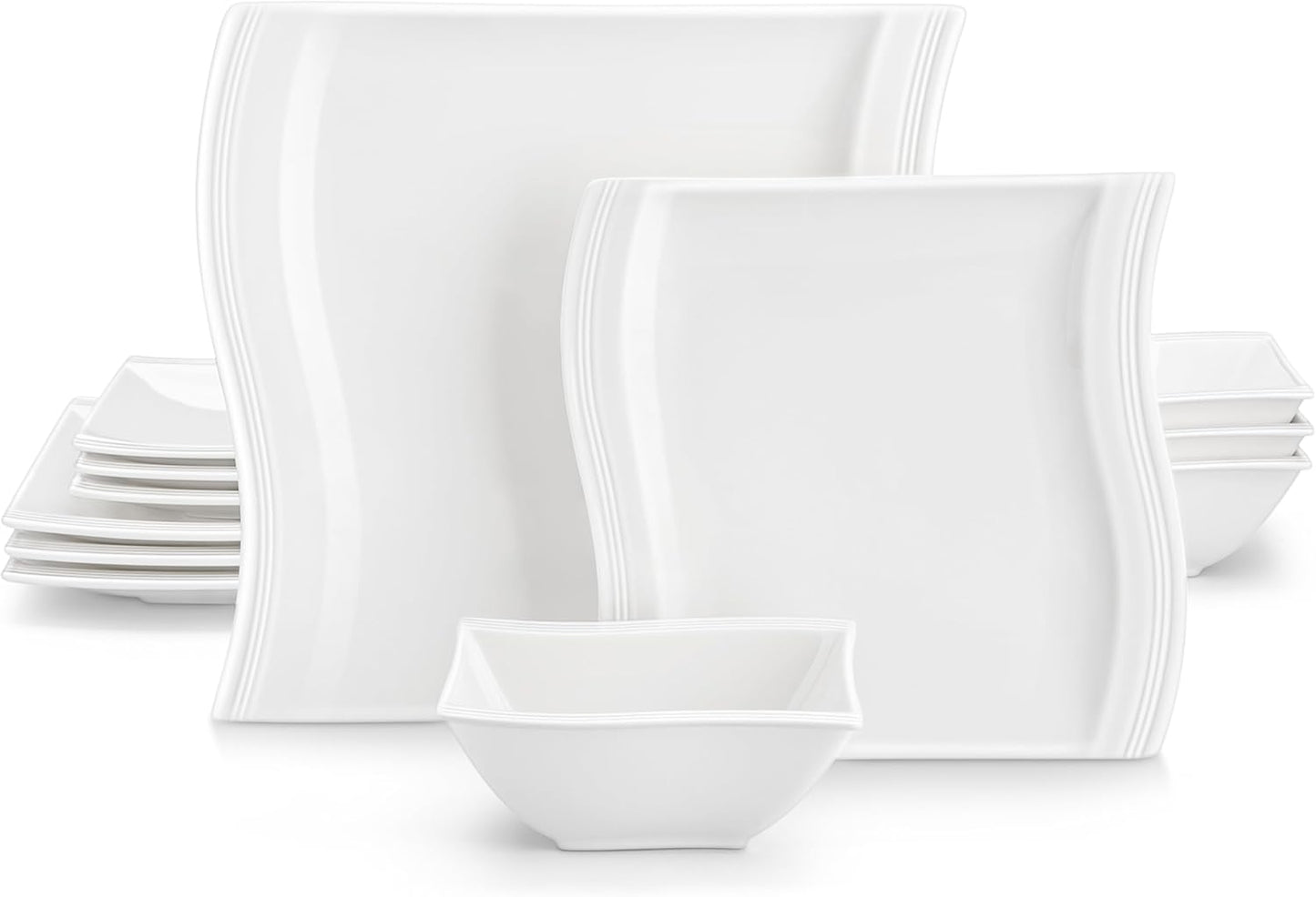 MALACASA Ivory White Dinnerware Set, 12 Pieces - Porcelain Dinner Plates, Dessert Plates and Bowls, Square Flora Pattern
