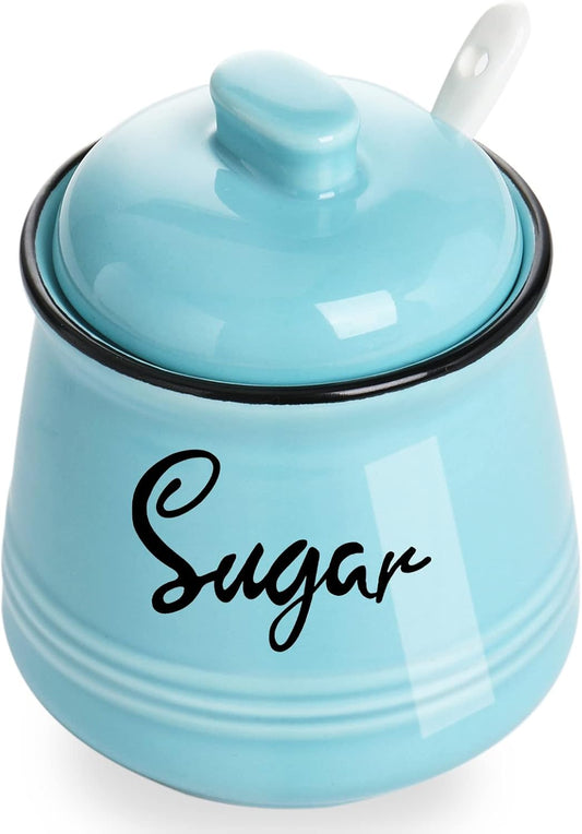 HAOTOP Farmhouse Porcelain Sugar Bowl with Lid and Spoon 12oz,Easy to Clean (Turquoise)
