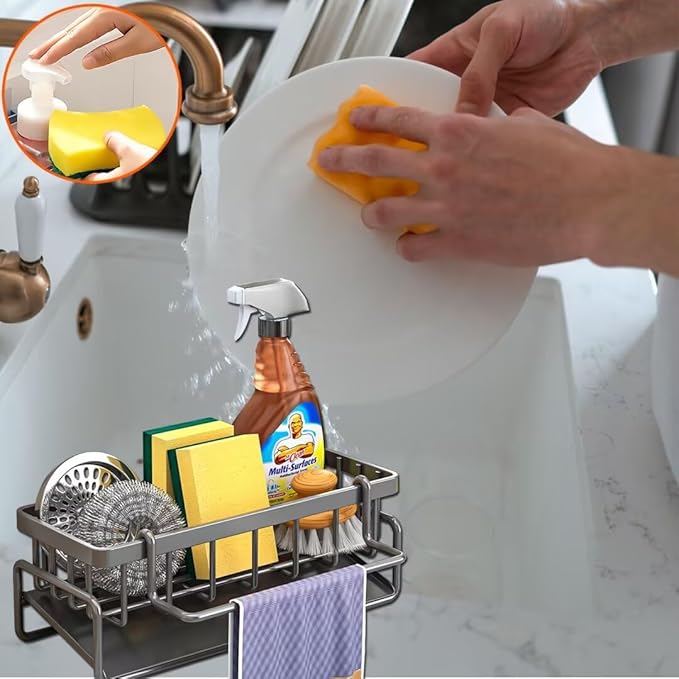 CIT ZCFY Kitchen Sink Caddy Organizers - Stainless Steel Sink Caddy with 30 Tilt Self-Drainage, Dish Brush Holder & Removable Dishcloth Rack - Gray