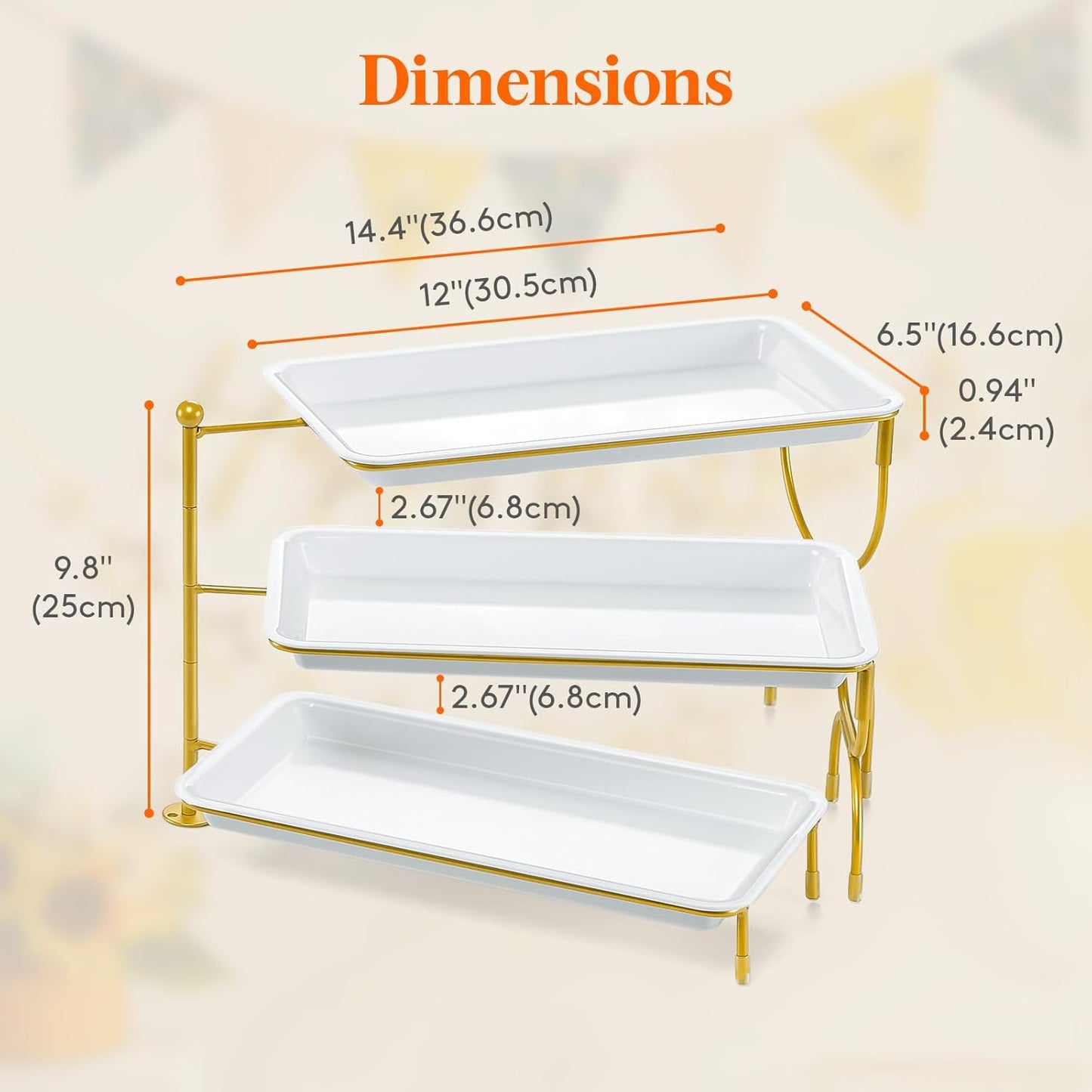 Lifewit 3 Tiered Tray Stand for Party Entertaining, 12"×6.5" Serving Platters and Trays, Reusable Plastic Trays with Stable Gold Mental Stand for Veggie, Fruit, Cookies, Dessert